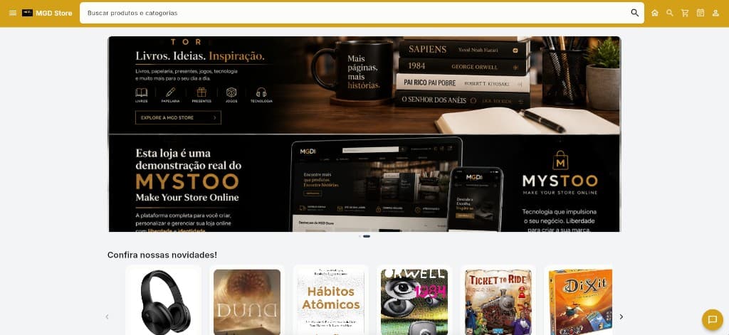 Vitrine da loja no MYSTOO, com busca, banner e catálogo de produtos